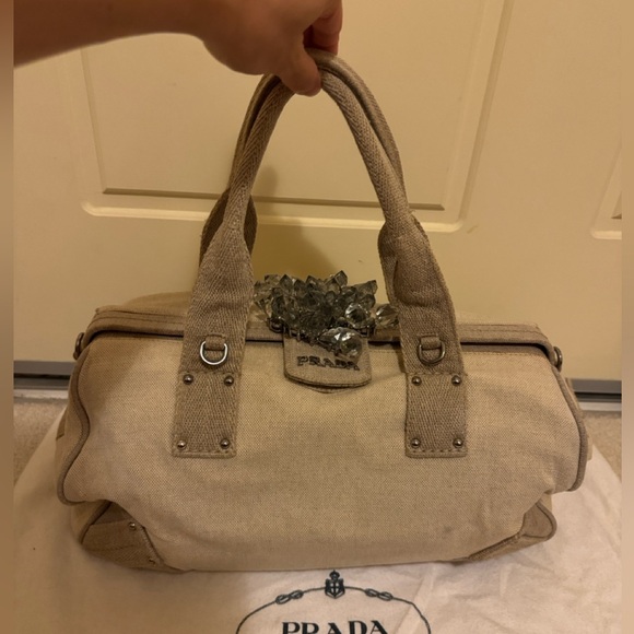 Authentic Vintage PRADA Natural Canvas Crystal Mistolino Frame Bag - Picture 10 of 14
